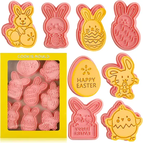 Easter Cookie Cutters Set, 8 Pcs Cookie Cutter with Plunger Stamps, 3D Cookie Stamps for Easter Biscuit Snacks Cheese Baking {1}