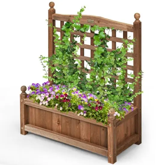 Dark Brown Fir Wood Outdoor Planter with Trellis Large Flower Box for Garden Balcony Yard {1}