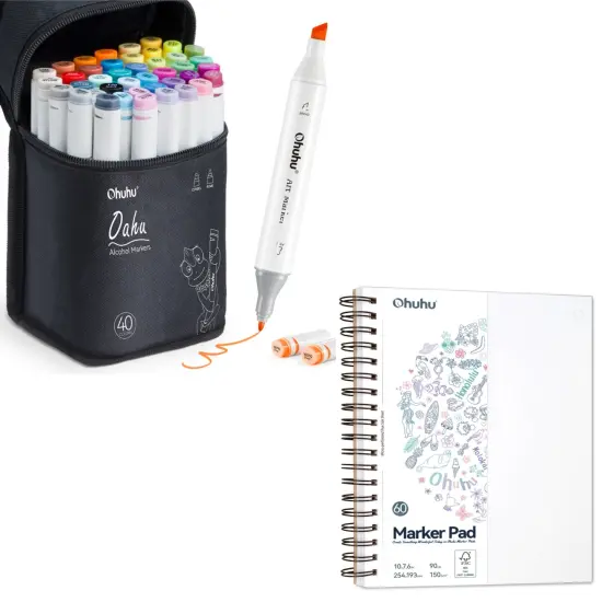 Ohuhu Oahu 40 Colors Alcohol Markers + 7.6" x 10" Double-Sided Bleedproof Marker Pad {1}
