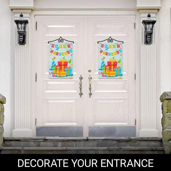 G128 Combo Pack Garden Flag Hanger 14IN & Garden Flag Happy Birthday Presents Printed 12x18IN Double Sided {6}