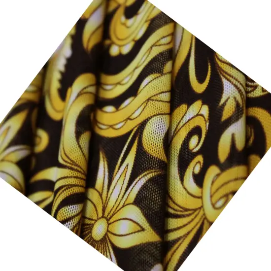Gold Black Baroque Printed Power Mesh Fabric {6}