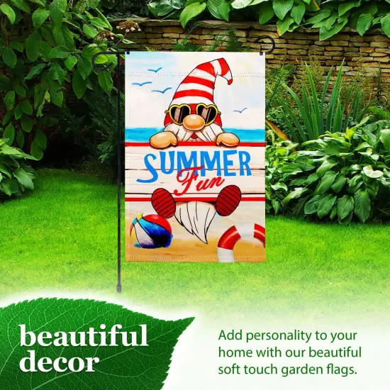 G128 Combo Pack: Garden Flag Stand 36x16IN & Garden Flag Summer Fun Gnome Printed 12x18IN Double Sided {6}