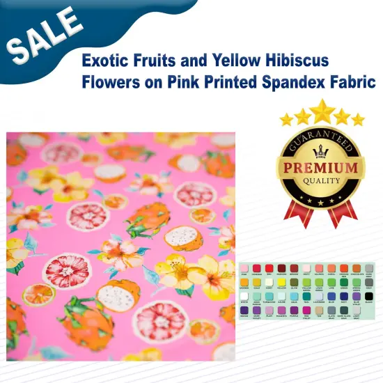 Exotic Fruits and Yellow Hibiscus Flowers on Pink Printed Spandex Fabric {1}