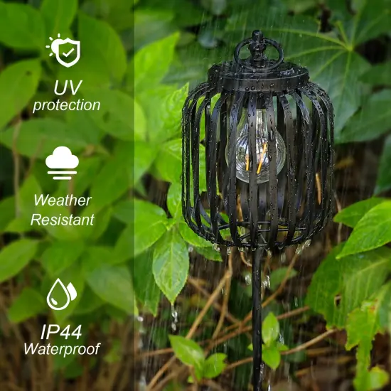 Set of 2 33"H Black Metal Stripes Solar Powered Outdoor Lantern with Edison Bulb and Stake {4}