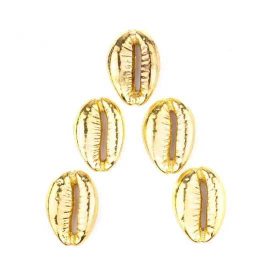 The Bead Chest Bright Gold Cowrie Shell Beads Set of 5 18mm Unusual Brass {1}