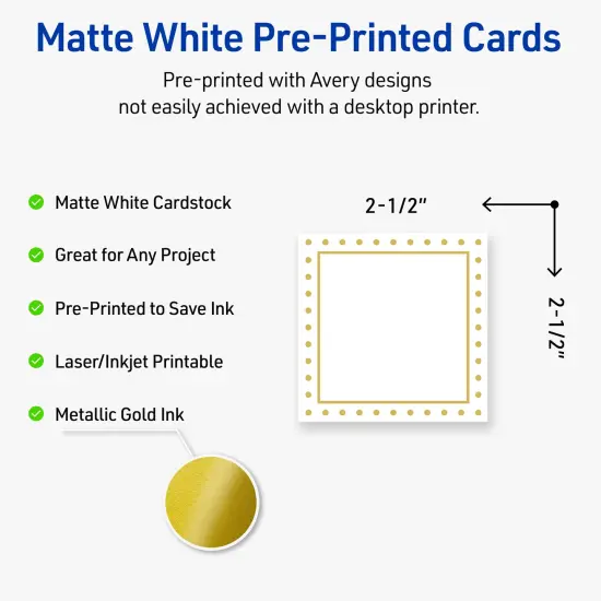 Avery Printable Square Cards, Gold Border with Gold Dots, 2.5" x 2.5", Matte White Square Cards, Laser/Inkjet, 90ct, Great for Business Cards {2}