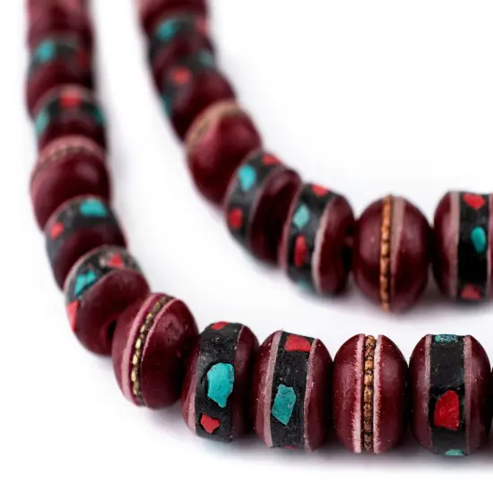 The Bead Chest Crimson Red InlaidBone Mala Beads 10mm Nepal Round Large Hole 31 Inch Strand {1}