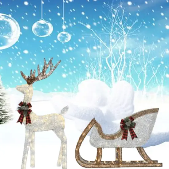 Silver Thread Deer & Sleigh Set 48" Deer, 38" Sleigh, Lighted Christmas Decor {3}
