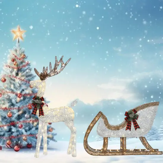 Light-Up Silver Deer & Sleigh 48" Deer Pulling 38" Sleigh Holiday Decoration {4}