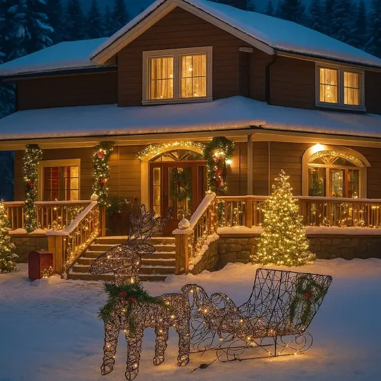 Christmas Reindeer and Sleigh LED Display Brown with Sparkling Warm White Lights 19.69 x 7.28 x 16.14 inch {1}