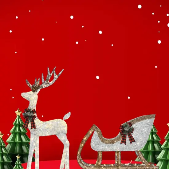 48" Silver Deer & 38" Sleigh Set Pre-Lit Holiday Yard Decoration {2}