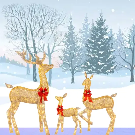 Oversized Twisted Rattan Deer Set in Champagne for Outdoor Christmas Decor 63" + 52" + 37" {1}