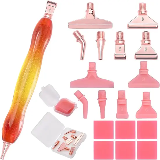 Diamond Painting Art Drill Pen Kit with 6 Screw Stainless Steel Silver Metal Tip Nibs, 6 Plastic Placers,6Glue Clays Tool Accessories for Diamond Painting, Diamond Art Orange Yellow {1}