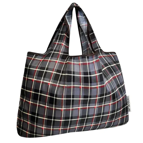 Wrapables Large Foldable Tote Nylon Reusable Grocery Bags, Black Plaid {1}