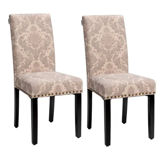 Set of 2 Fabric Upholstered Dining Chairs with Nailhead Beige {6}