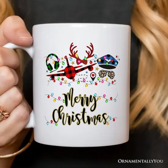 Airplane Pilot Buffalo Plaid Christmas Mug, Flight Aircraft Crew Gift Holiday Decoration {2}