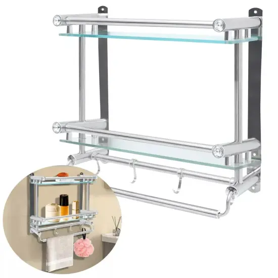 2 Tier Bathroom Shelf w/ Hooks Bathroom Hotel Wall Mounted Towel Rack Organizer {3}