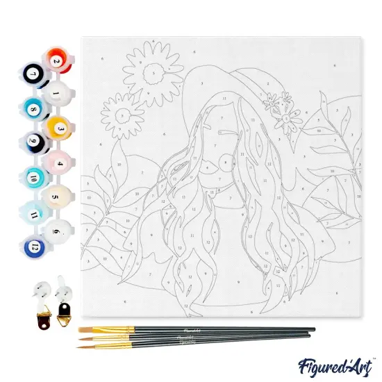 Figured'Art Mini Paint by Numbers Kit for Adults with Frame Abstract Woman and Daisies Small format 8"x8" - Craft Art Painting DIY Canvas Already Stretched on a Wooden Frame {4}