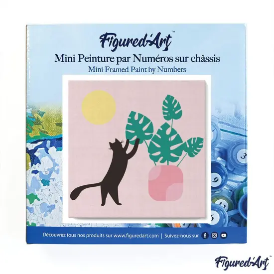 Figured'Art Mini Paint by Numbers Kit for Adults with Frame Cat plays with Monstera Small format 8"x8" - Craft Art Painting DIY Canvas Already Stretched on a Wooden Frame {3}