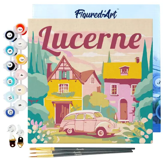 Figured'Art Mini Paint by Numbers Kit for Adults with Frame Travel Poster Lucerne Small format 8"x8" - Craft Art Painting DIY Canvas Already Stretched on a Wooden Frame {1}