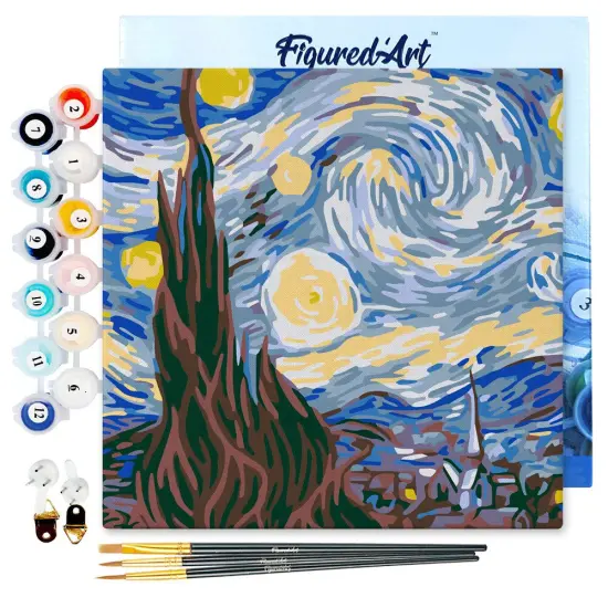 Figured'Art Mini Paint by Numbers Kit for Adults with Frame Van Gogh Starry Night Small format 8"x8" - Craft Art Painting DIY Canvas Already Stretched on a Wooden Frame {1}