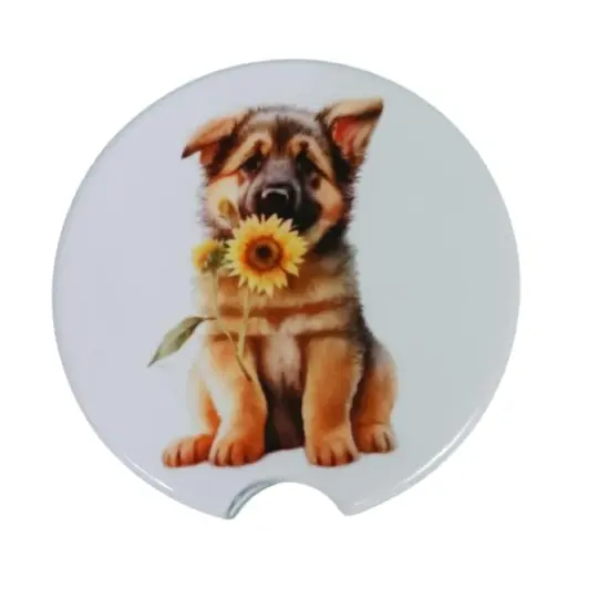 Adorable German Shepherd with Sunflower Ceramic Car Coaster Set 2.56" (2 Pack) {1}