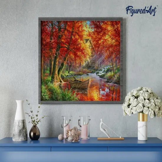 Figured'Art Paint by Numbers Kit for Adults Autumn River and Boat 16"x20" - Craft Art Painting Rolled Canvas with DIY wooden frame {4}