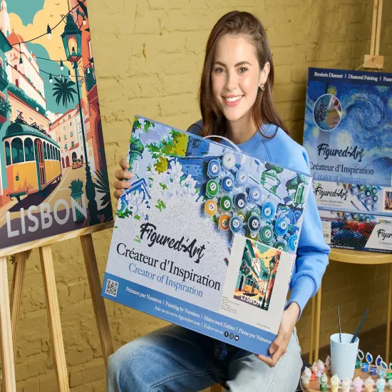 Figured'Art Paint by Numbers for Adults with Frame Travel Poster Lisbon 16"x20" - Craft Art Painting DIY Kit Canvas Already Stretched on a Wooden Frame {2}