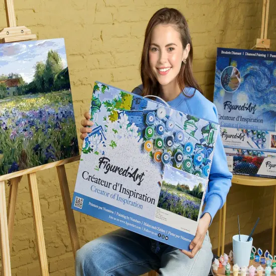 Figured'Art Paint by Numbers for Adults with Frame Countryside field and Blue Flowers 16"x20" - Craft Art Painting DIY Kit Canvas Already Stretched on a Wooden Frame {2}