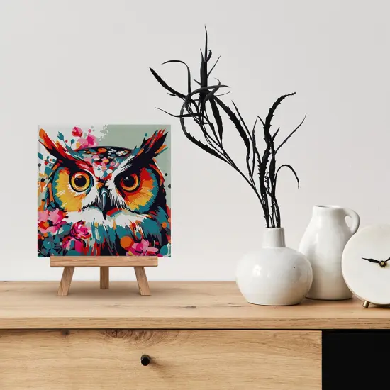 Figured'Art Mini Paint by Numbers Kit for Adults with Frame Fantasy owl with flowers Small format 8"x8" - Craft Art Painting DIY Canvas Already Stretched on a Wooden Frame {2}