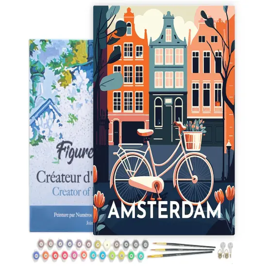 Figured'Art Paint by Numbers for Adults with Frame Travel Poster Amsterdam 16"x20" - Craft Art Painting DIY Kit Canvas Already Stretched on a Wooden Frame {1}