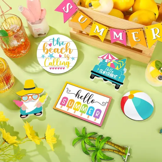 12 Pcs Tiered Tray Decor Set - Hello Summer Hawaii Farmhouse Rustic Beach Gnome Wood Sign Items for Home Table Kitchen Shelf Decor {5}