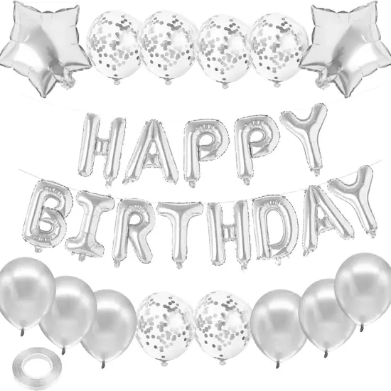Birthday Party Decorations, Silver Set 15pcs - Happy Birthday Banner, Heart Star Balloons, Foil Confetti Balloons {1}