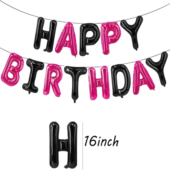Happy Birthday Balloons Banner Black & Hot Pink 16 Inch {4}