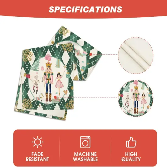 Green Diamond Plaid Nutcracker Snowflake Christmas Table Runner, Seasonal Winter Kitchen Dining Table Decoration for Home Party Decor 13x72 Inch {5}