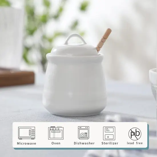 Ceramic Honey pot with Lid and Honey Dipper,Porcelain Honey Jar Easy to Clean and Dishwasher Safe,12oz (White) {2}