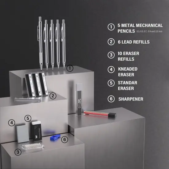 Metal Mechanical Pencil Set in Leather Case, 5 Sizes, 0.3, 0.5, 0.7, 0.9, 2mm, mechanical pencils, Sketching Pencils, Drafting Pencil {2}