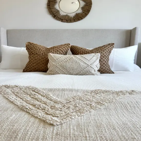 Braided Jute Boho Chic Pillow Cover 20" | Tan Woven Cotton Decorative Cushion | Rustic Farmhouse Neutral Throw Pillow {4}