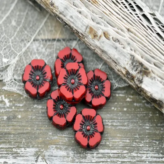 *12* 12mm Black Inlayed Opaque Red Hawaiian Flower Beads {4}
