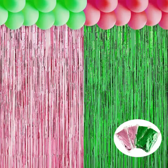 4 Pack 3.28 x 6.56 ft Streamers Backdrop Party Decoration Witch Party Decor Metal Tinsel Foil Fringe Curtains Backdrop Curtains Streamer for Witch Decor(Pink and Green,Tinsel Curtain) {1}