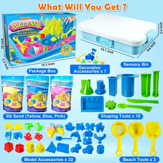 Summer Sensory Bin - 52 PCS Play Sand Kit with 3lbs Magical Sand, Beach Toys Castle Molds Sand Molds, Sensory Toy Sandbox, Kids Gifts for Girls and Boys {2}
