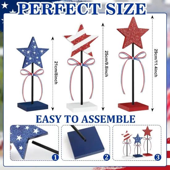 4th of July Tiered Tray Decor Wooden Star Set, 3 Pcs Memorial Day Table Decorations, Rustic Patriotic Tabletop Home Decor, Red White and Blue Decorations for Home (Shiny) {3}