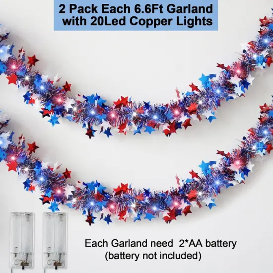 4th of July Patriotic Decorations, Red White and Blue Star Garland with 20Led Copper Fairy Lights, 2PACK Each 6.6Ft Tinsel Garland National Independence Day Decor Party Home Indoor {5}