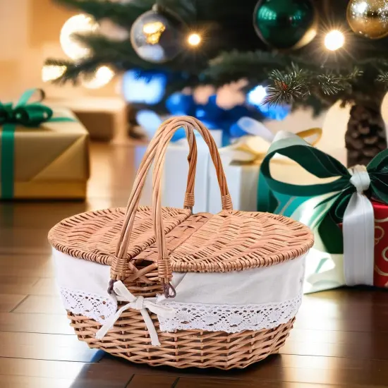Large 15.4" Wicker Picnic Basket with Removable Liner Empty Picnic Baskets with Lid, Picnic Hamper with Foldable Handles for Picnic, Natural Color, Large {4}