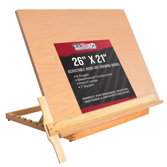 X-Large 26" x 21" Adjustable Wood Art Drawing Board - 6 Angles, Beechwood Construction, Pencil Ledge, 24" T-Square - Ideal for Design, Drafting & Architecture Work {1}