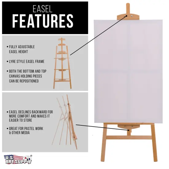56" High Medium A-Frame Wood Easel, Lyre Style Studio Easel - Wooden Artists Floor Stand, Sturdy Beechwood, Adjustable Height To 43" Canvas - Painting, Drawing, Sign Display Holder {3}