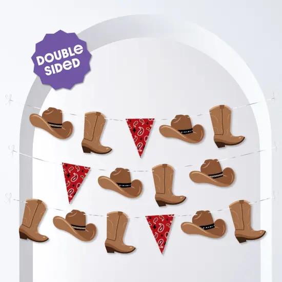 Big Dot of Happiness Western Hoedown Garland Banner, Wild West Cowboy Party Decorations Banner, 30 Feet of Cord, 15 Double-Sided Cowboy Hats, Boots, Red Paisley Bandana {3}