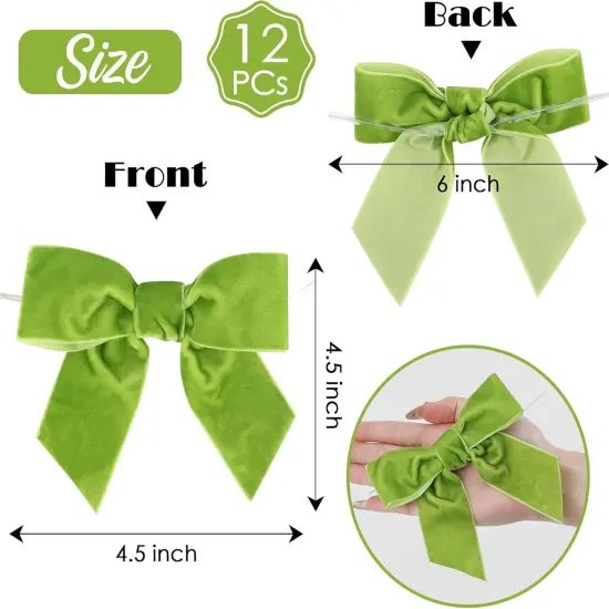 Apple Green Velvet Bows 4.5" Green Velvet Easter Bows Premade Bows Green Twist Tie Bows for Wreaths, Gift Basket, Spring Holiday Decor, Gift Wrapping, Swag, Wedding Decor - 12 PCs {2}