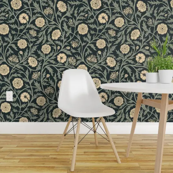 Pre-Pasted Wallpaper 2FT Wide Blue Floral Cream Botanical Traditional Hand Drawn Vines Arts And Crafts Cottagecore Custom Pre-pasted Wallpaper by Spoonflower {1}