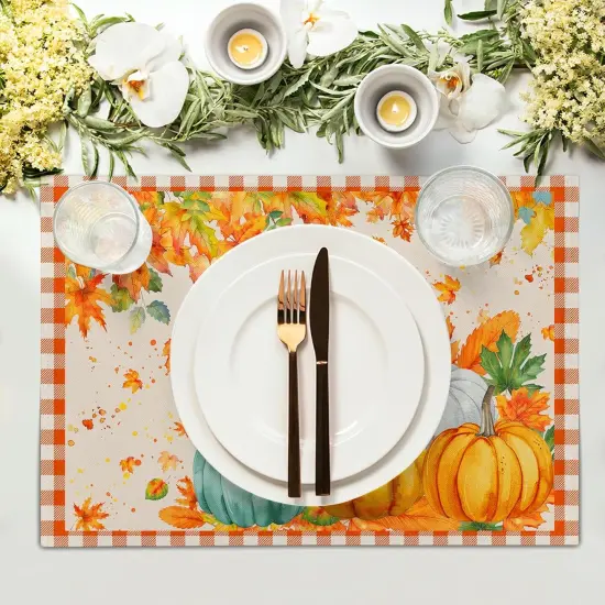 Set of 4 Fall Thanksgiving Linen Placemats - 12x18 Inch (Pumpkin) {3}